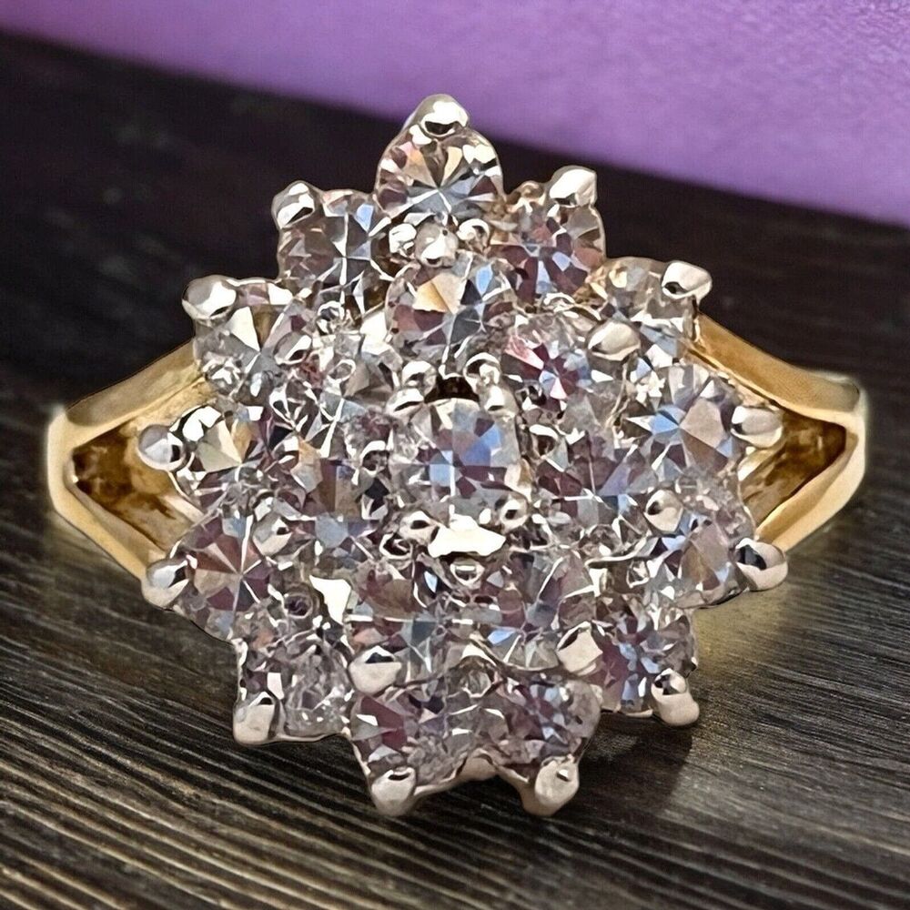 Vintage 1980s CZ Cocktail Ring Size 9 Halo Dome Two Tone Gold Plated - 14G